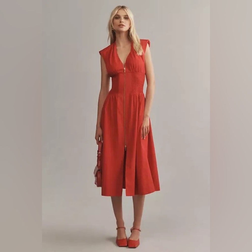 By Anthro Tommie Cap Sleeve Smocked Front Zip Shirt Dress Red L